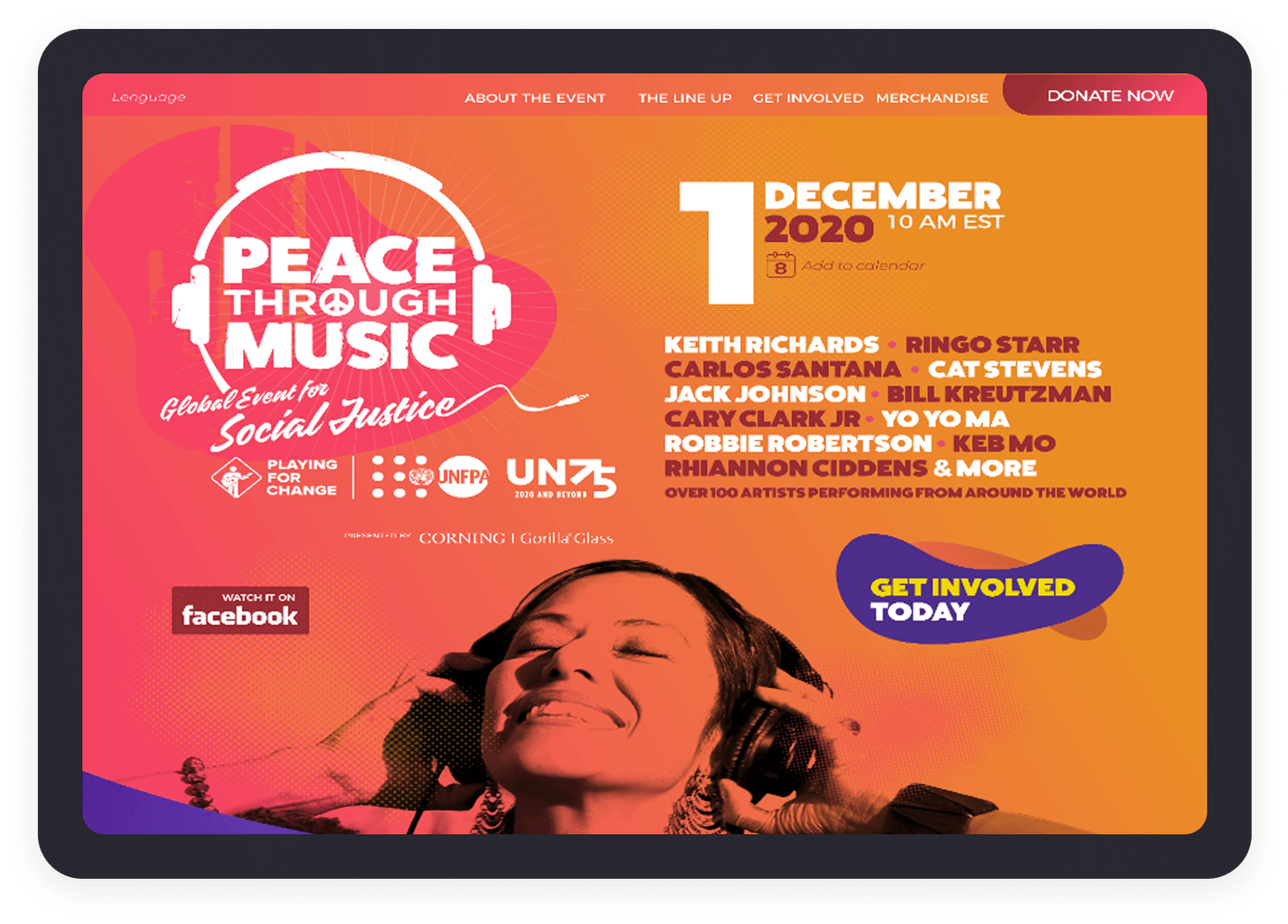 The Peace Through Music microsite - livestream hub, the full artist lineup, and donation flows in one experience.