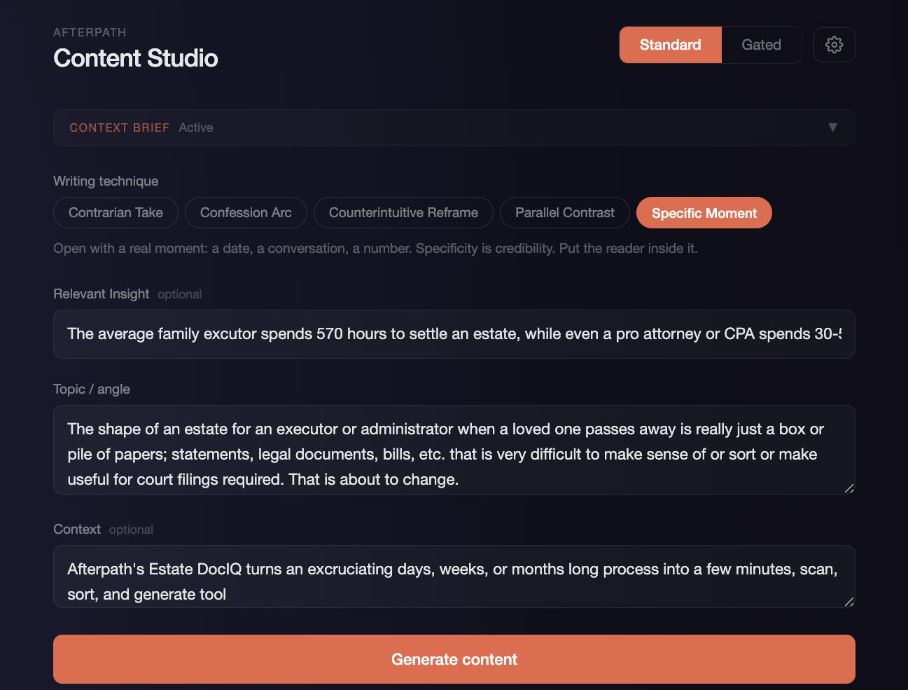 Content Studio input controls - writing technique, insight, topic, and context