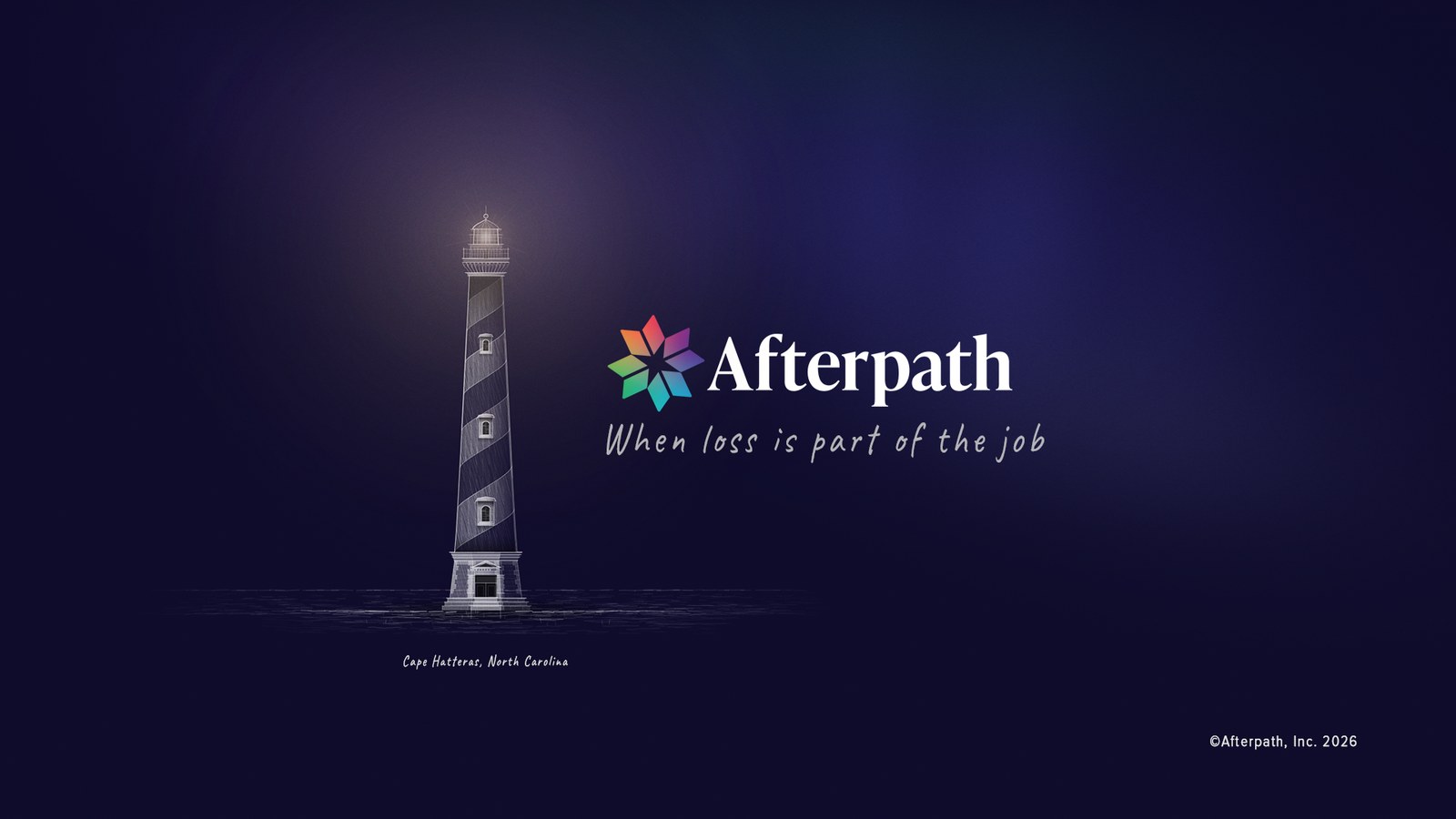 Afterpath - When loss is part of the job. The Cape Hatteras lighthouse at night beside the Afterpath wordmark