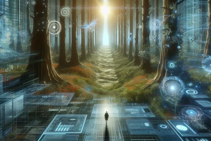 A lone figure walking a forest path toward the light, overlaid with translucent dashboards and data