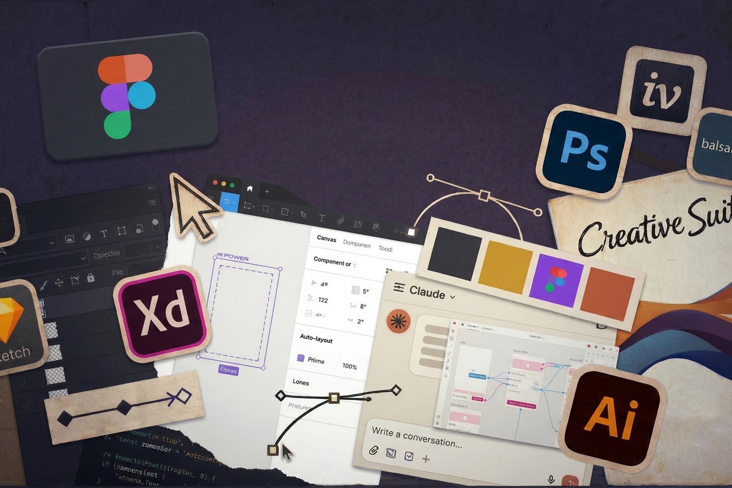 A collage of design tools - Figma, Photoshop, Sketch, XD, InVision, Illustrator, and a Claude chat window - on a purple surface