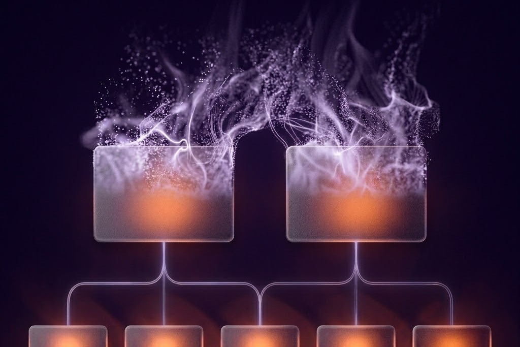 An org chart of glowing nodes dissolving upward into smoke and embers