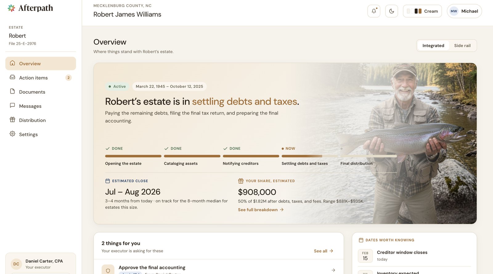 Afterpath's family view of an estate in the light theme: phase progress in plain language, estimated close, and the executor's estimated share