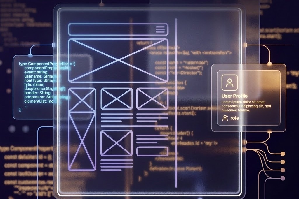 A holographic UI wireframe and design-system code floating over a dark screen